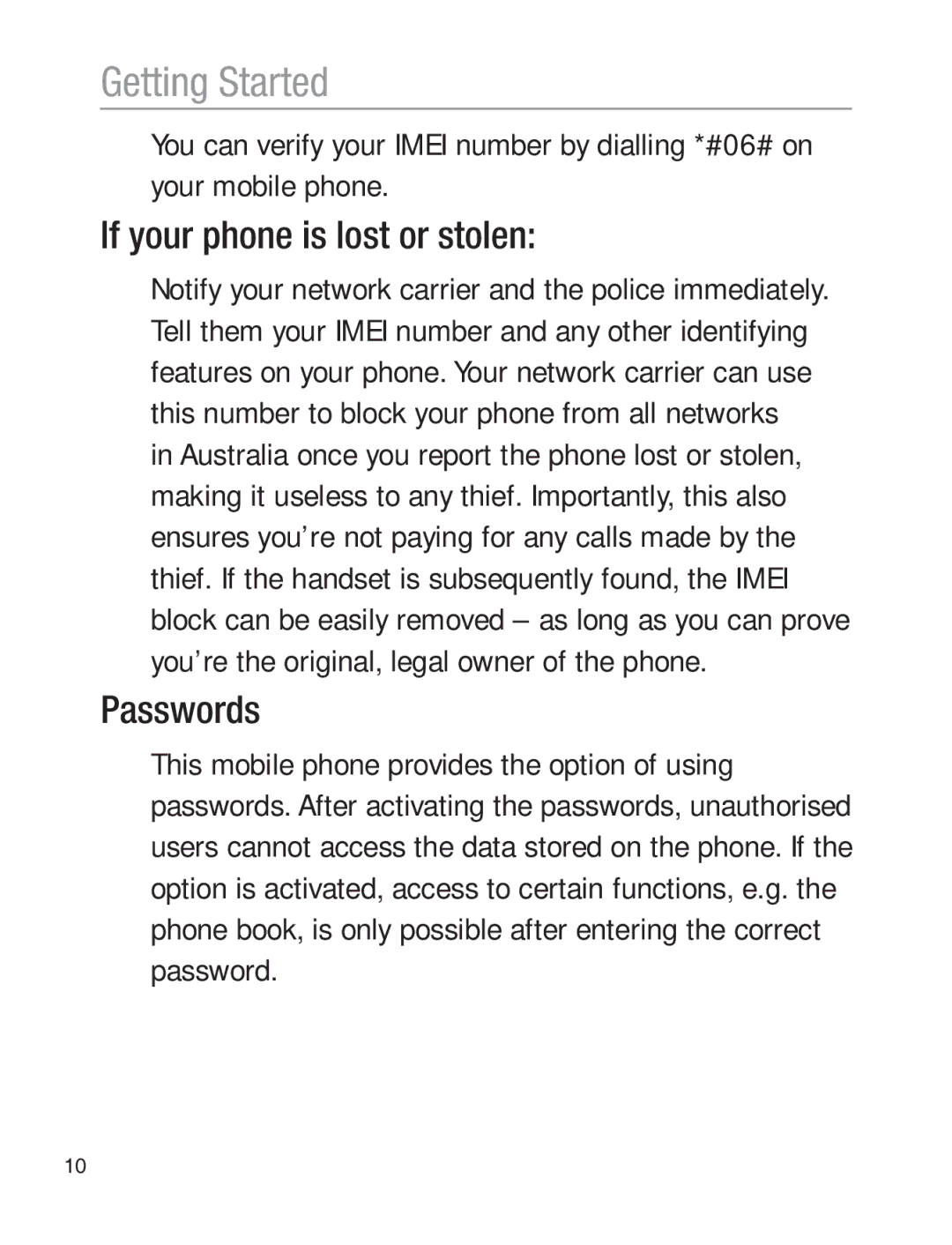 Oricom EZY120 operating instructions If your phone is lost or stolen, Passwords 