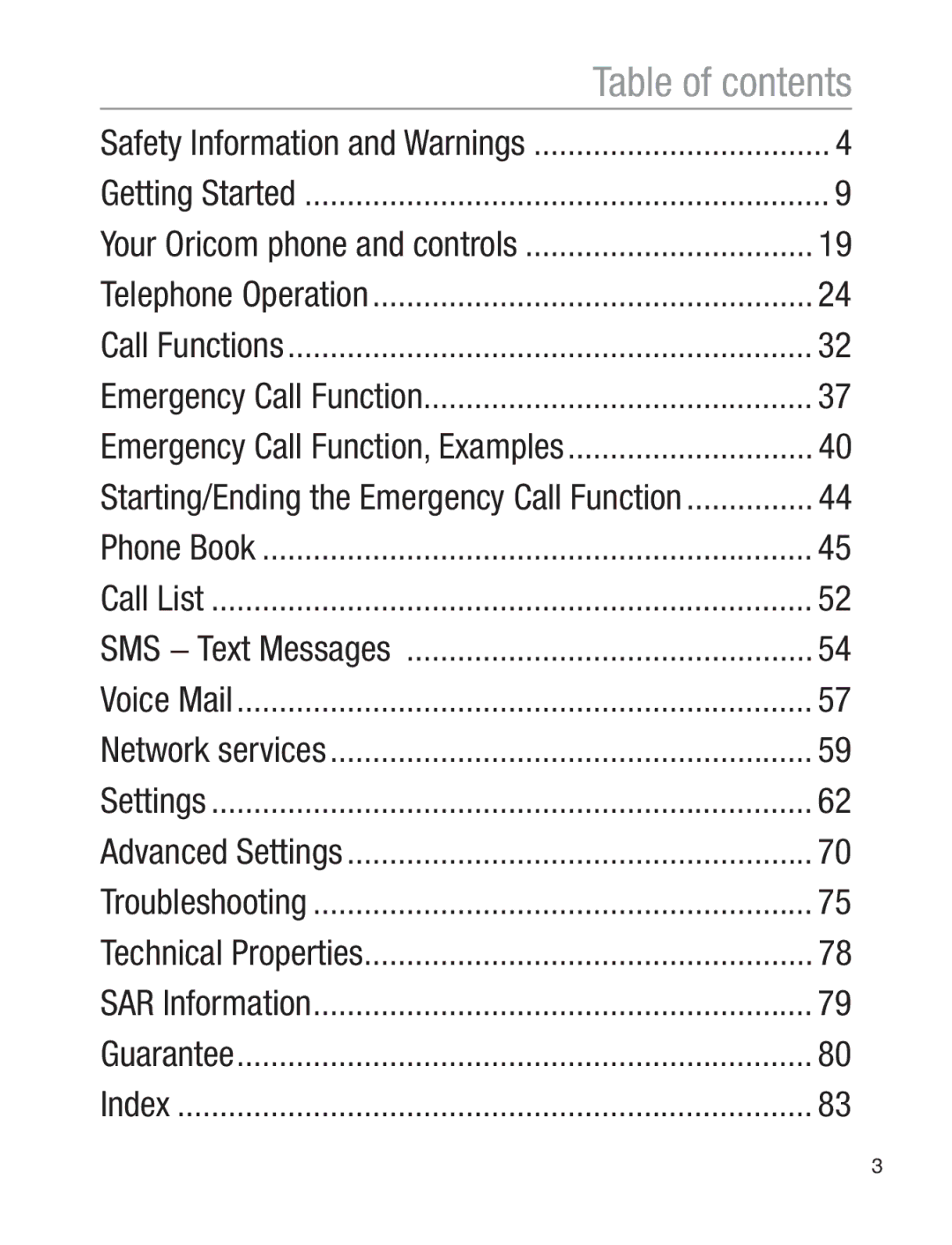 Oricom EZY120 operating instructions Table of contents 