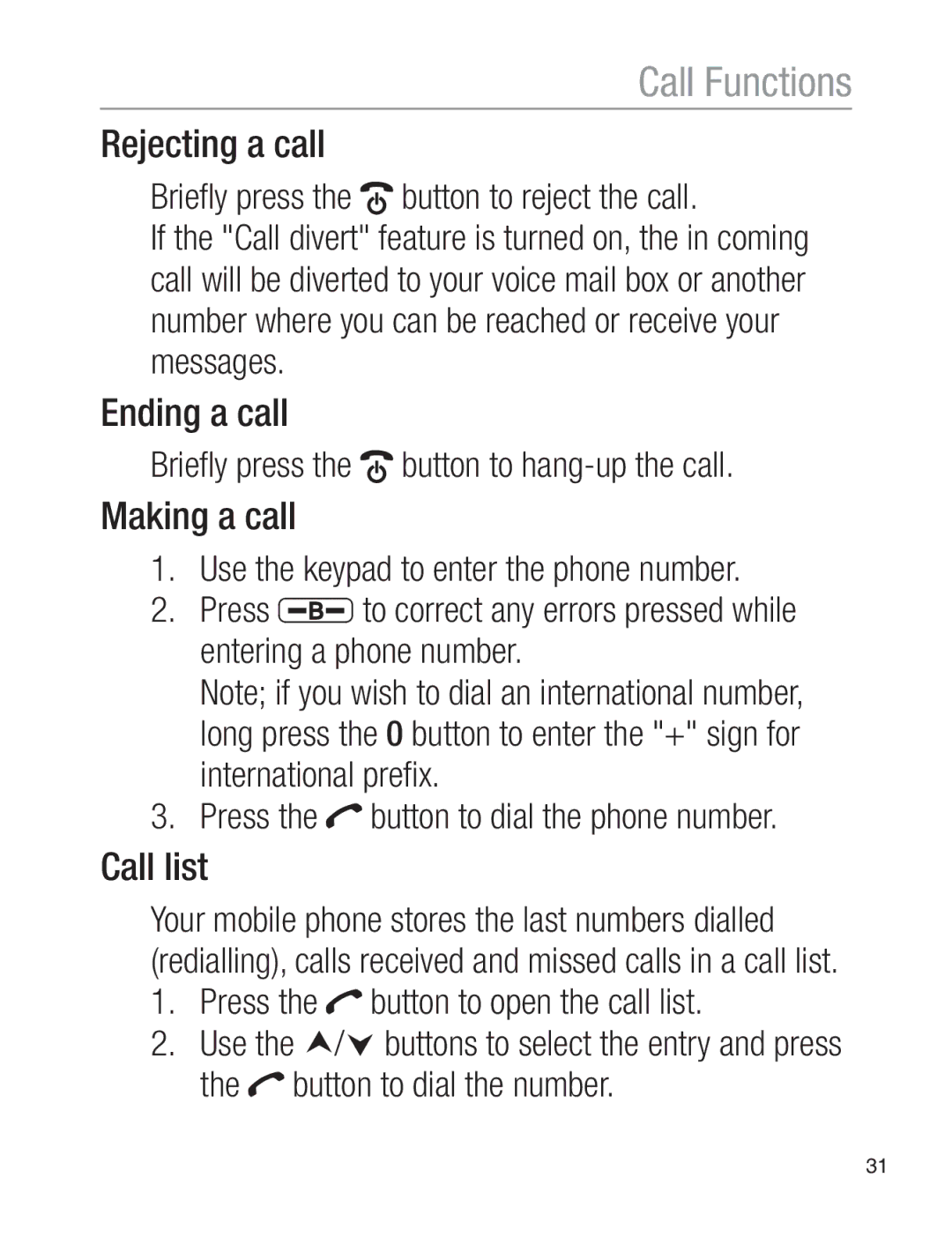 Oricom EZY120 operating instructions Rejecting a call, Ending a call, Making a call, Call list 