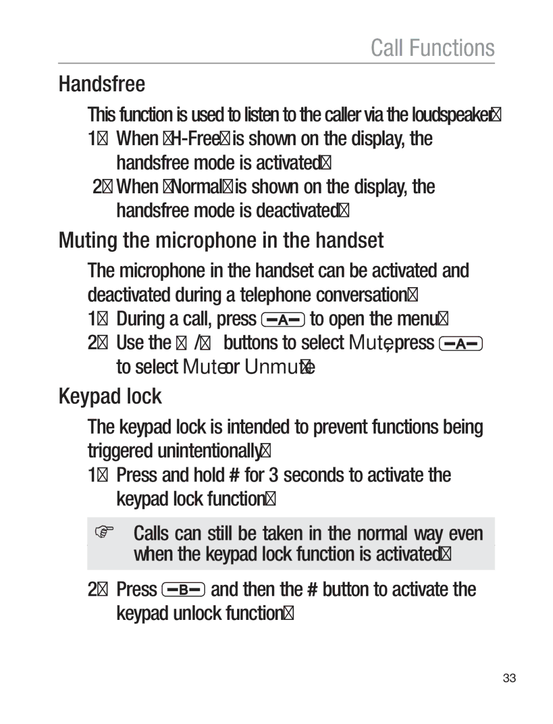 Oricom EZY120 Handsfree, Muting the microphone in the handset, Keypad lock, During a call, press to open the menu 