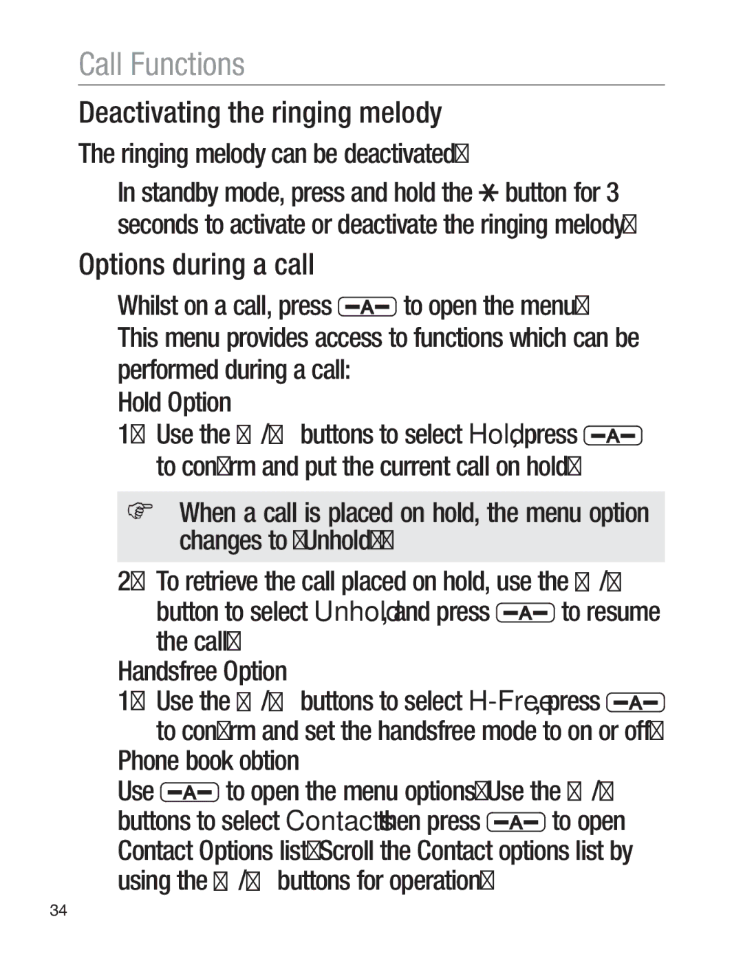 Oricom EZY120 Deactivating the ringing melody, Options during a call, Ringing melody can be deactivated 