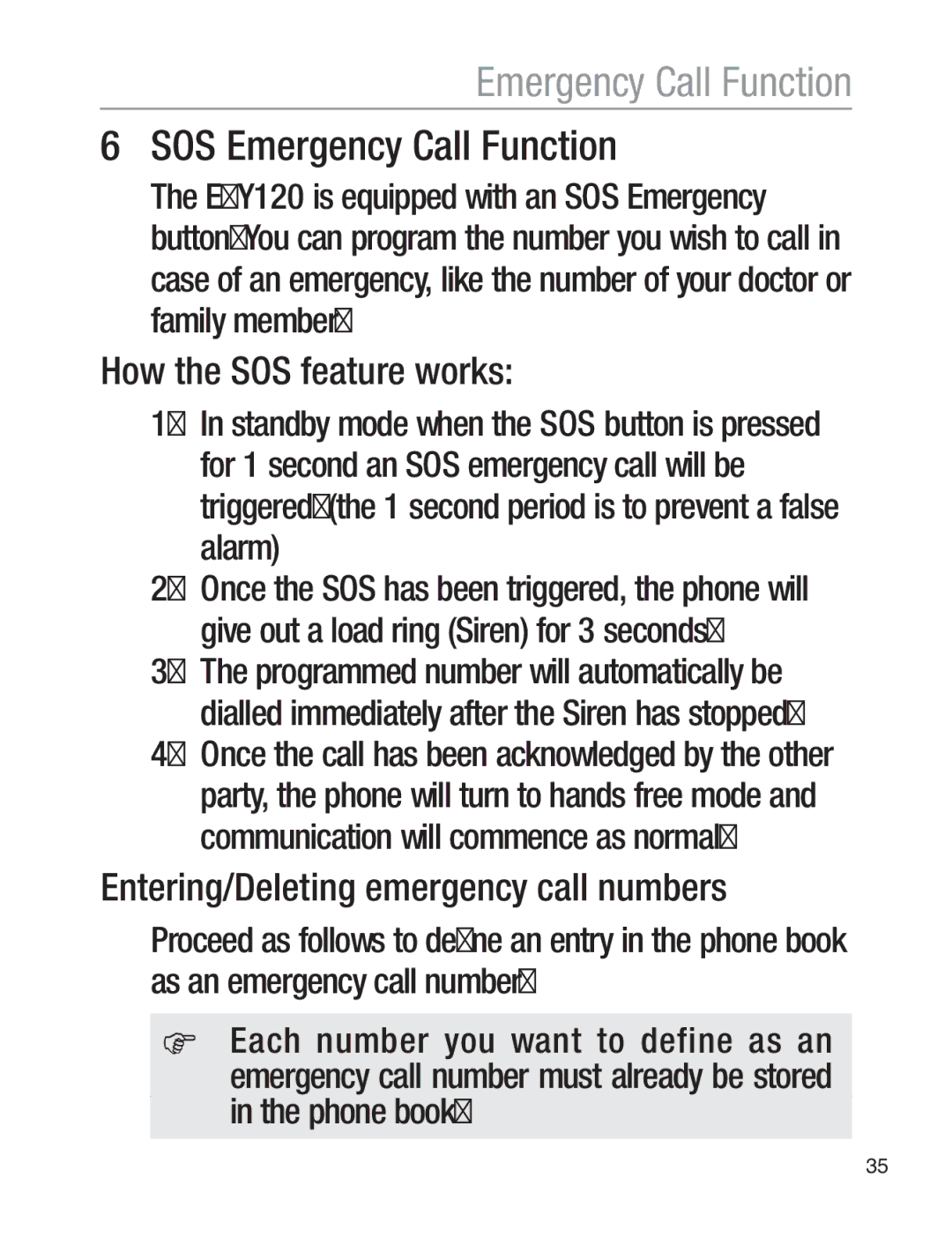 Oricom EZY120 SOS Emergency Call Function, How the SOS feature works, Entering/Deleting emergency call numbers 