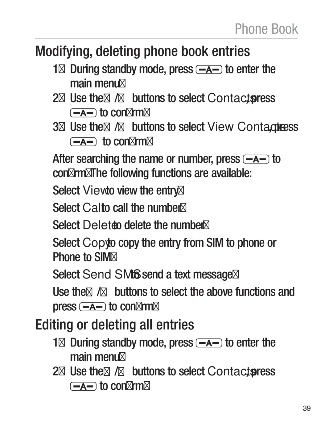 Oricom EZY120 operating instructions Modifying, deleting phone book entries, Editing or deleting all entries 