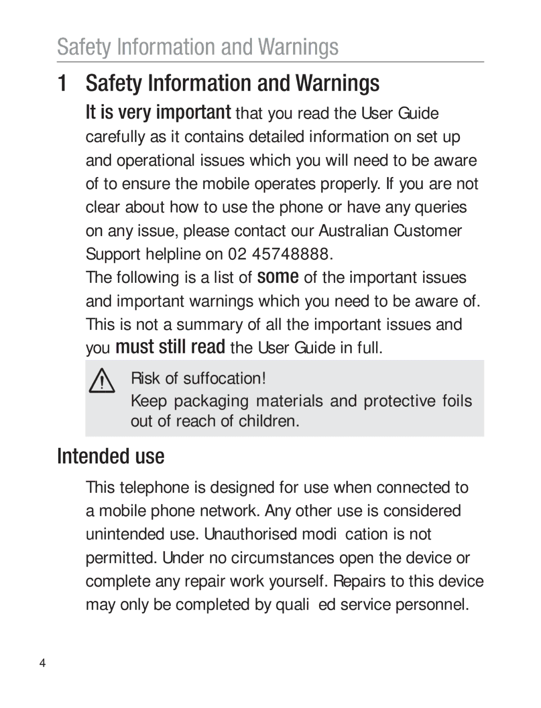 Oricom EZY120 operating instructions Safety Information and Warnings, Intended use 