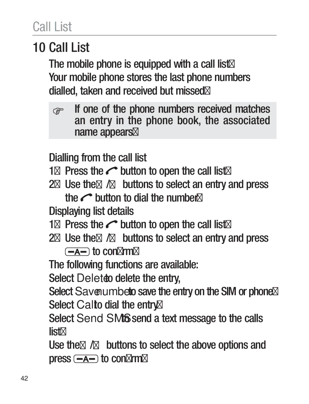 Oricom EZY120 operating instructions Call List 