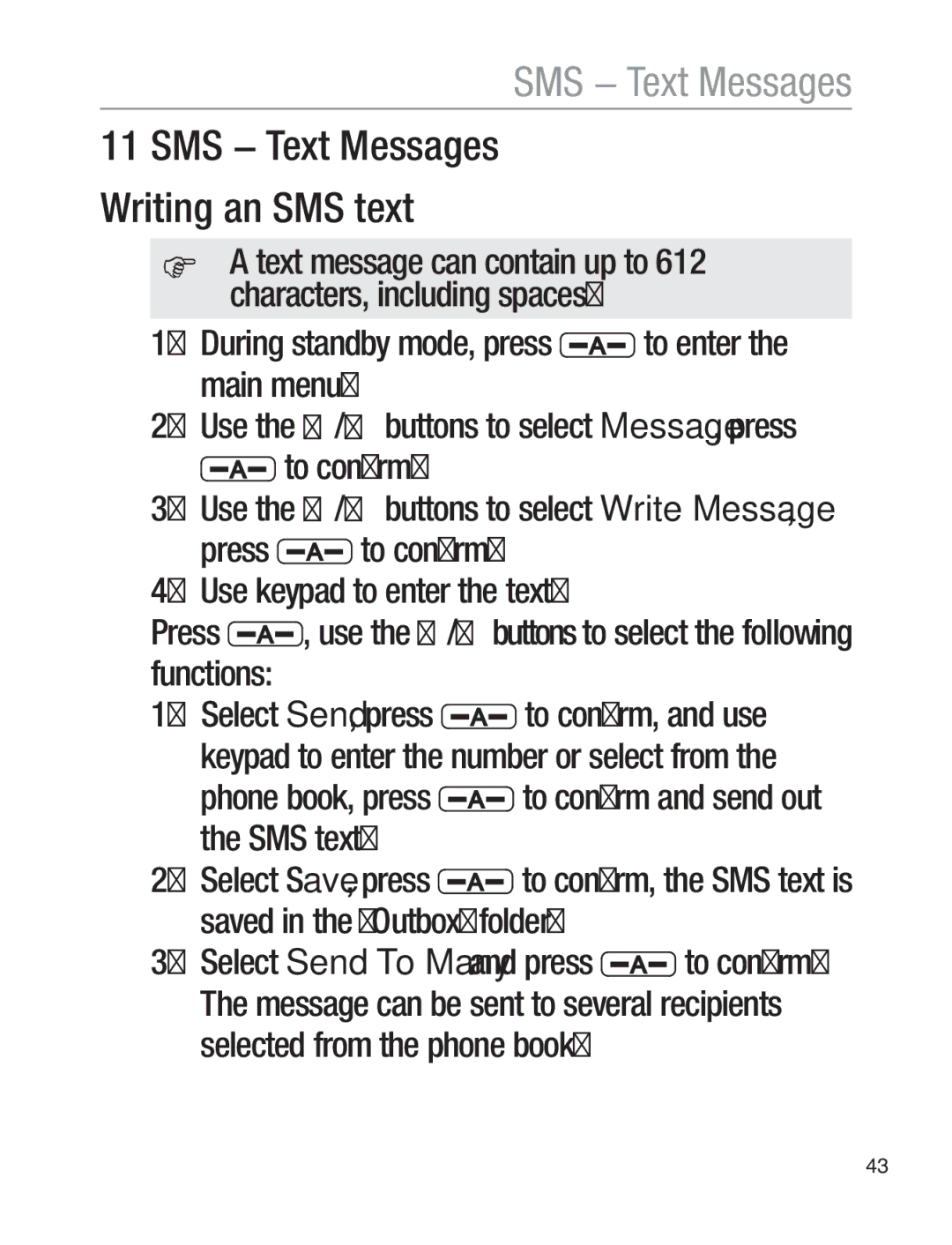 Oricom EZY120 operating instructions SMS − Text Messages Writing an SMS text 