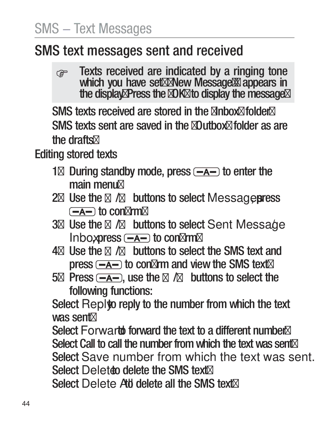 Oricom EZY120 operating instructions SMS text messages sent and received, Select Delete All to delete all the SMS text 