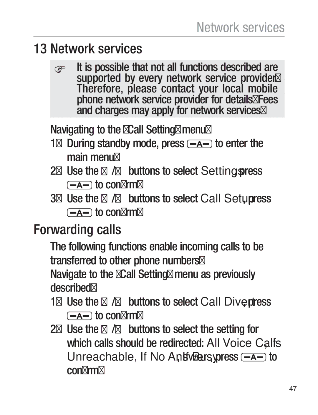 Oricom EZY120 Network services, Forwarding calls, Unreachable, If No Answer, If Busy, press to confirm 