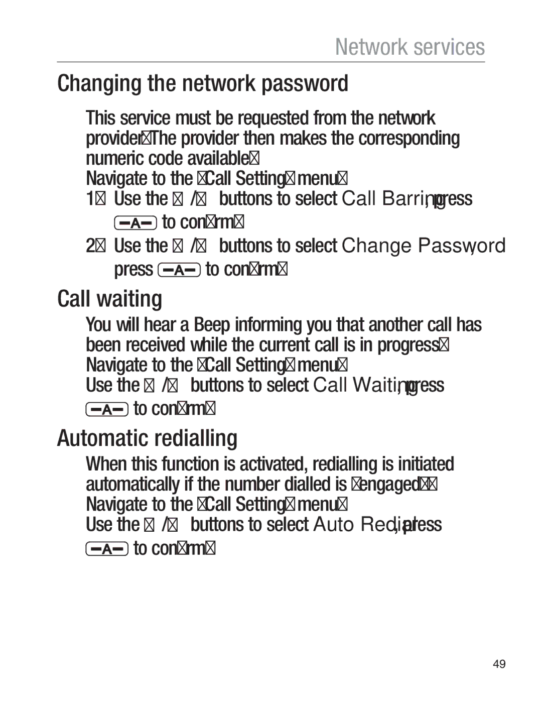 Oricom EZY120 operating instructions Changing the network password, Call waiting, Automatic redialling 