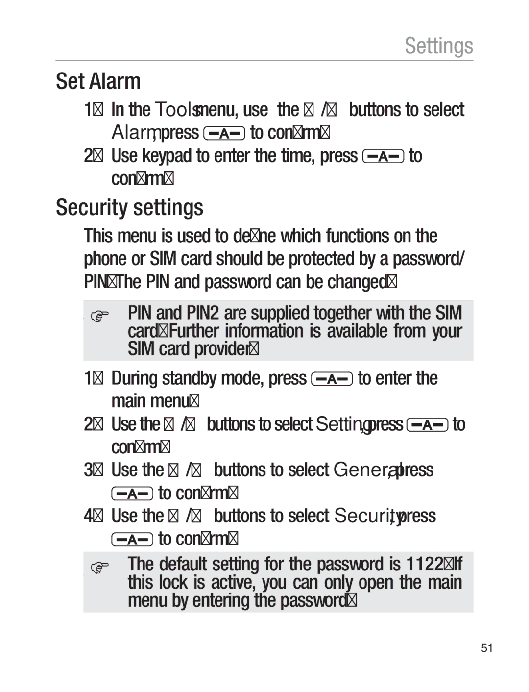 Oricom EZY120 operating instructions Set Alarm, Security settings 