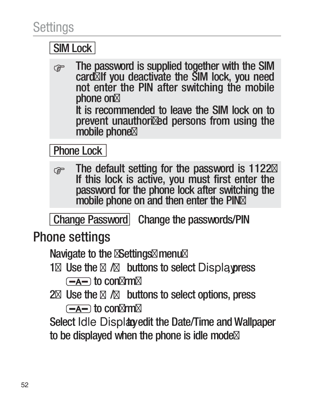 Oricom EZY120 operating instructions Phone settings, Change the passwords/PIN 