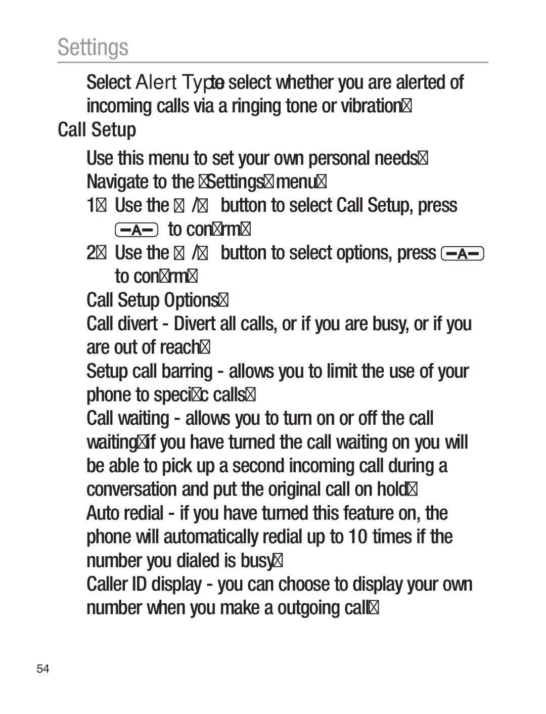 Oricom EZY120 operating instructions Call Setup 