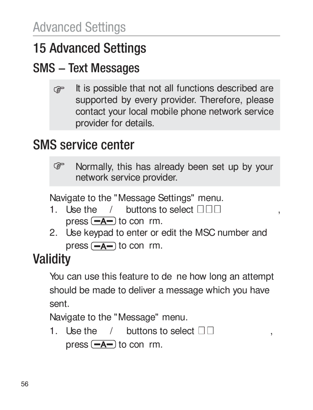 Oricom EZY120 operating instructions Advanced Settings, SMS service center, Validity, SMS − Text Messages 