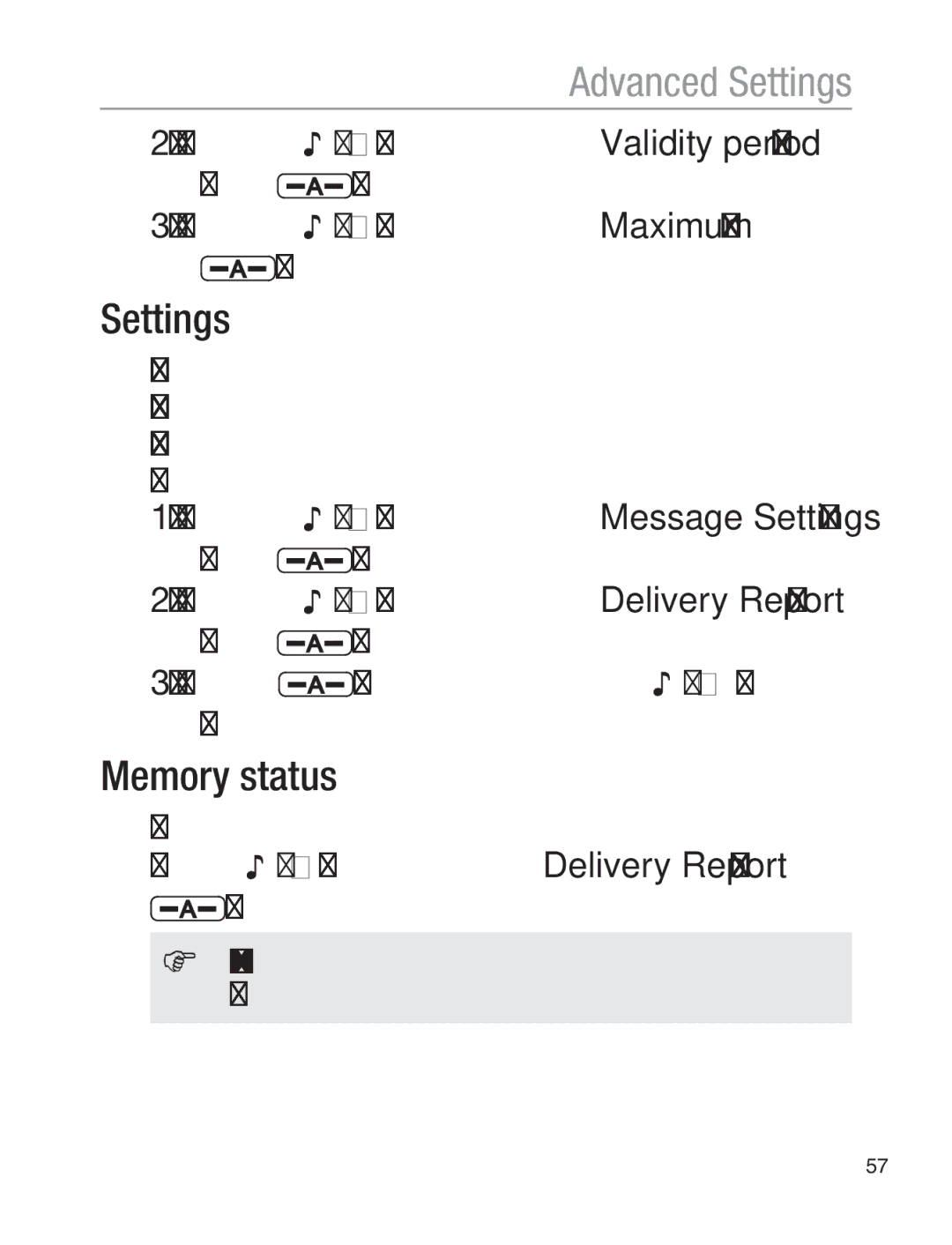 Oricom EZY120 operating instructions Settings, Memory status, Delivery report 