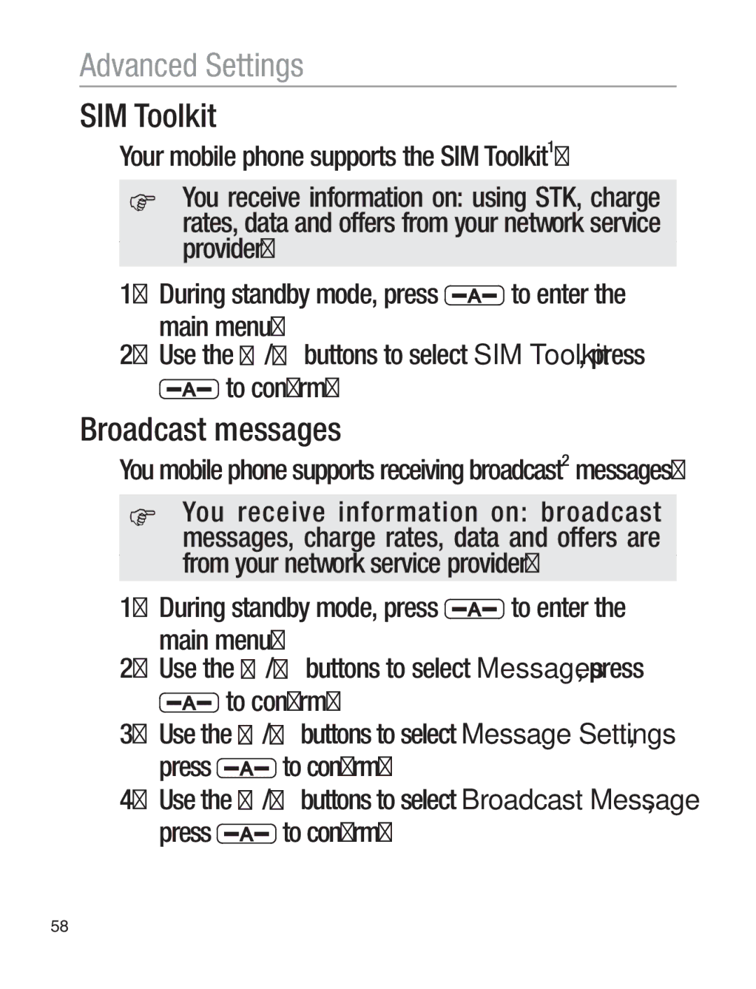 Oricom EZY120 operating instructions SIM Toolkit, Broadcast messages 