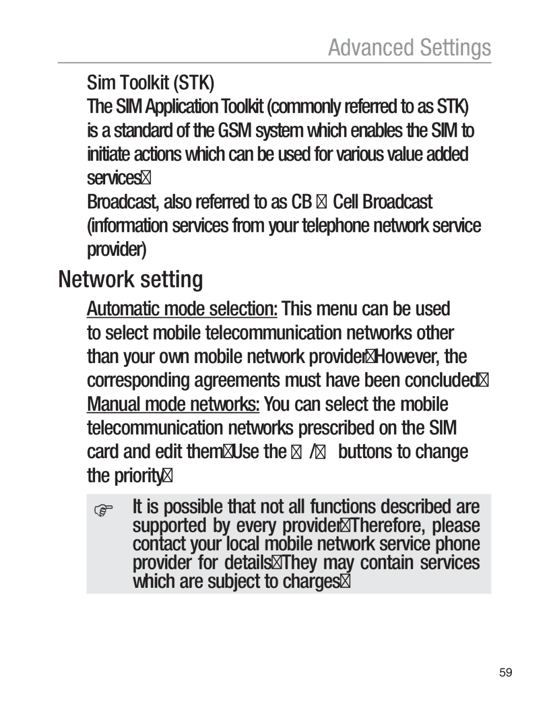 Oricom EZY120 operating instructions Network setting, Sim Toolkit STK, Automatic mode selection This menu can be used 