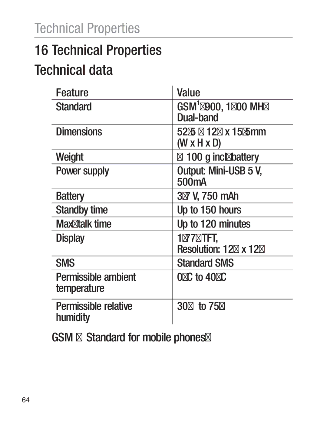 Oricom EZY120 operating instructions Technical Properties Technical data, GSM = Standard for mobile phones 