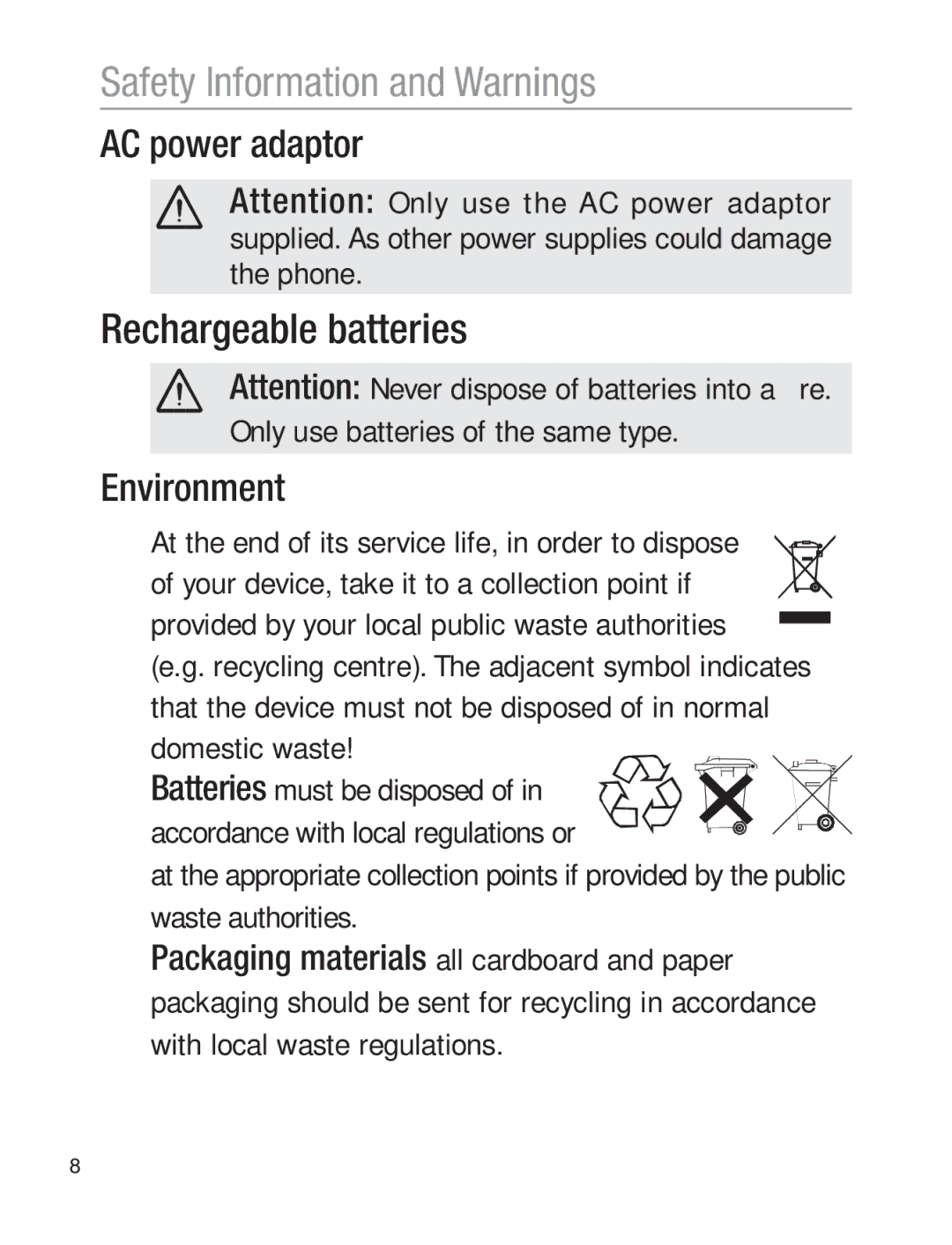 Oricom EZY120 operating instructions Rechargeable batteries, AC power adaptor, Environment 