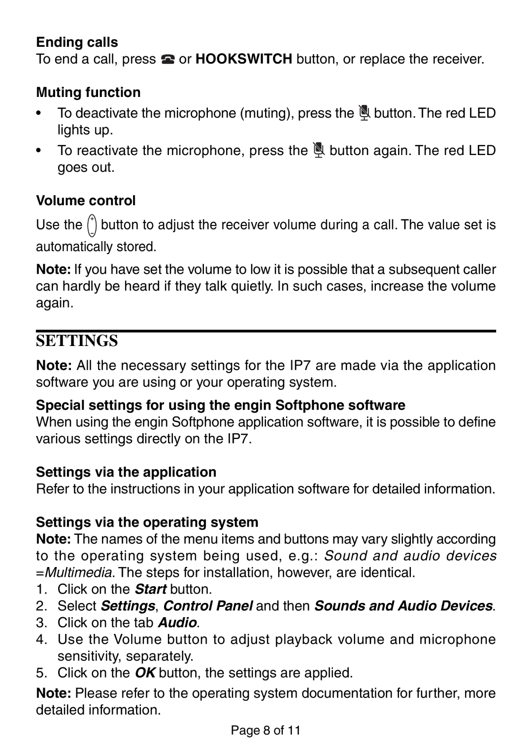 Oricom IP-7 manual Settings 