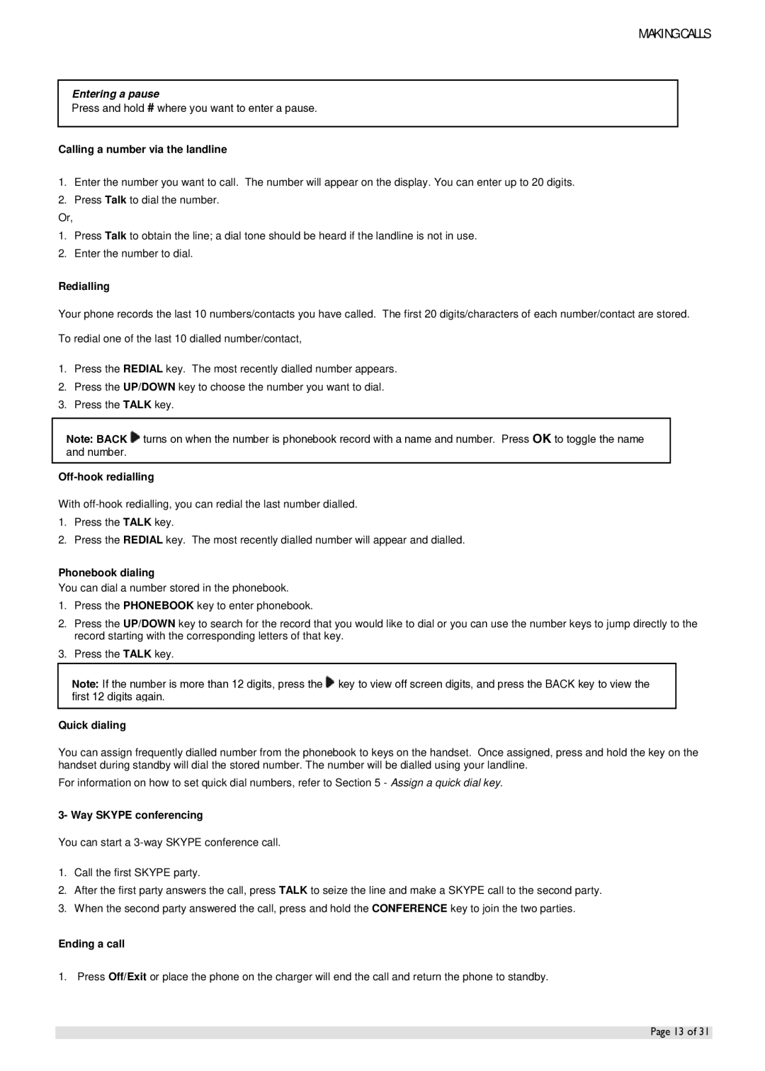 Oricom IP800 manual Entering a pause 