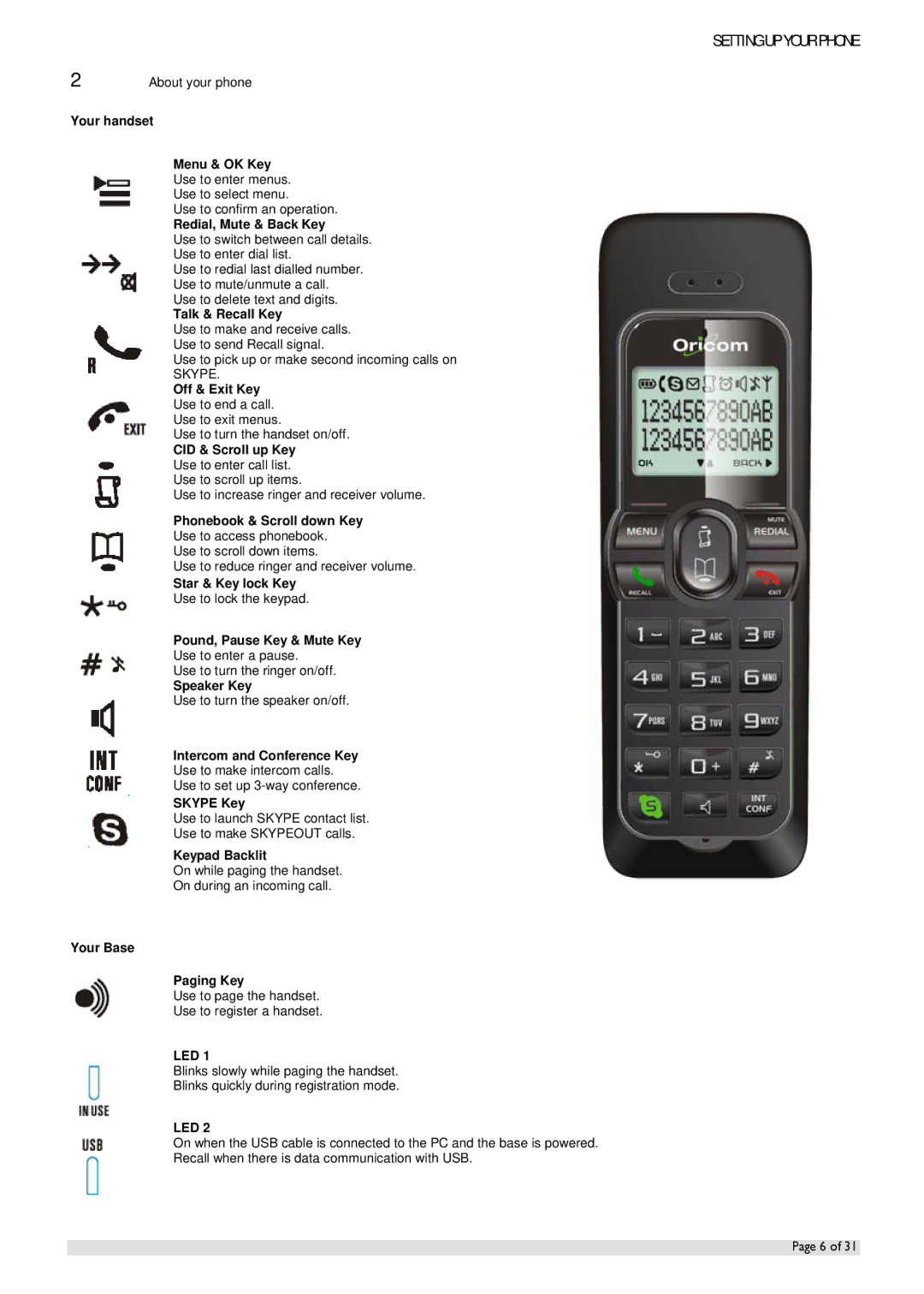 Oricom IP800 manual Setting UP Your Phone 