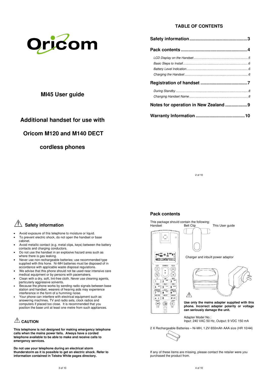 Oricom MI45, M140, M120 warranty Table of Contents 