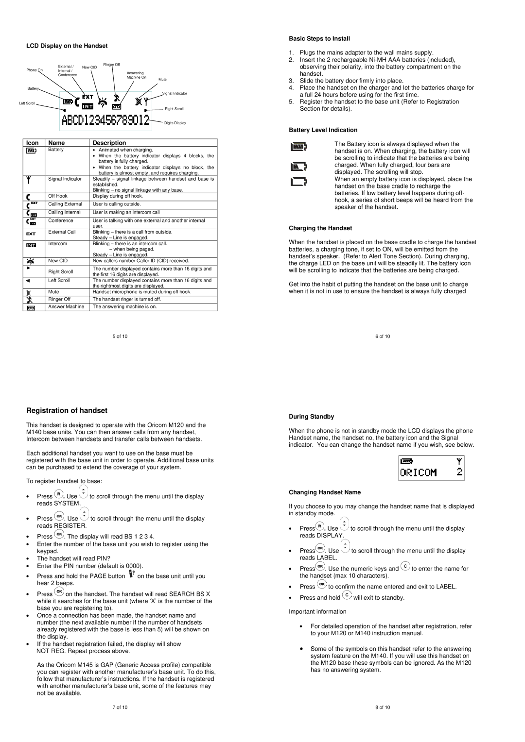 Oricom M120, M140, MI45 warranty Registration of handset 