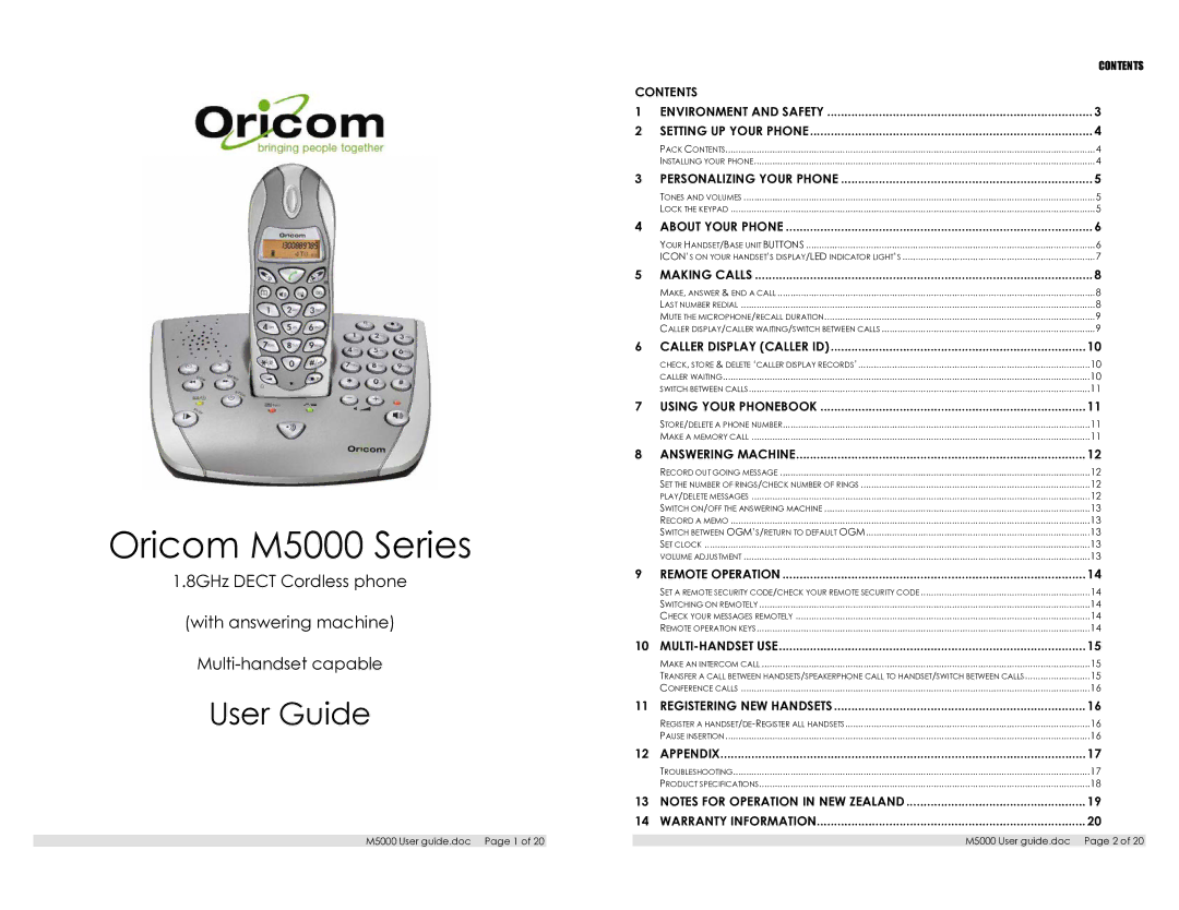 Oricom appendix Oricom M5000 Series 