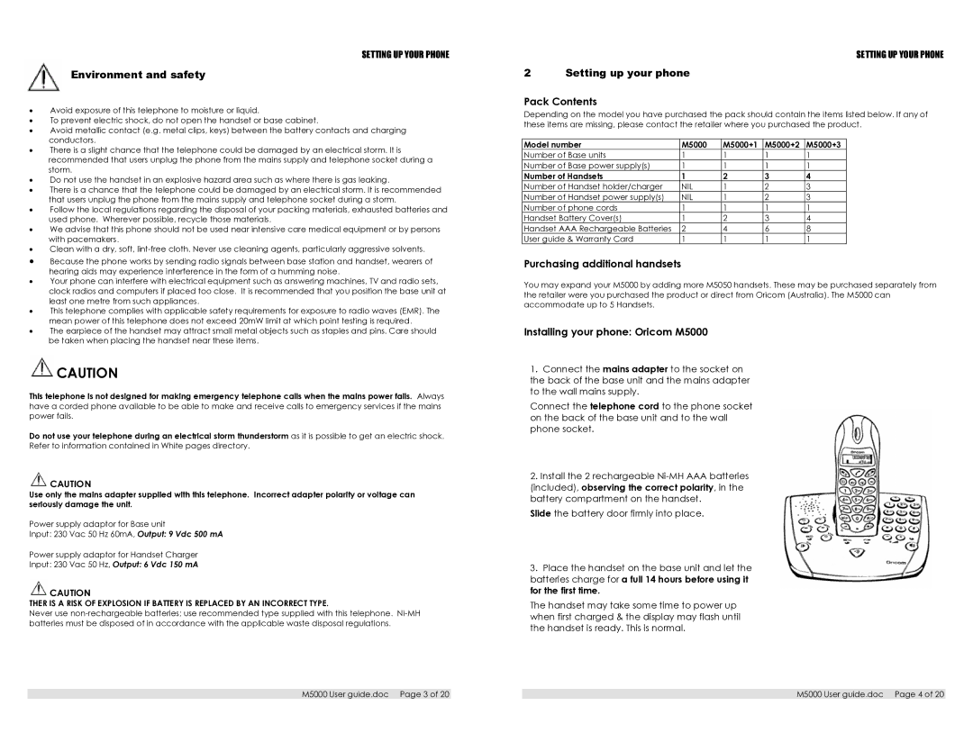 Oricom appendix Pack Contents, Purchasing additional handsets, Installing your phone Oricom M5000 