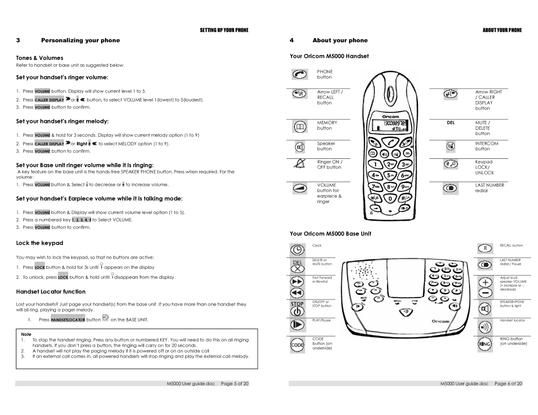 Oricom Tones & Volumes, Your Oricom M5000 Handset Set your handset’s ringer volume, Set your handset’s ringer melody 