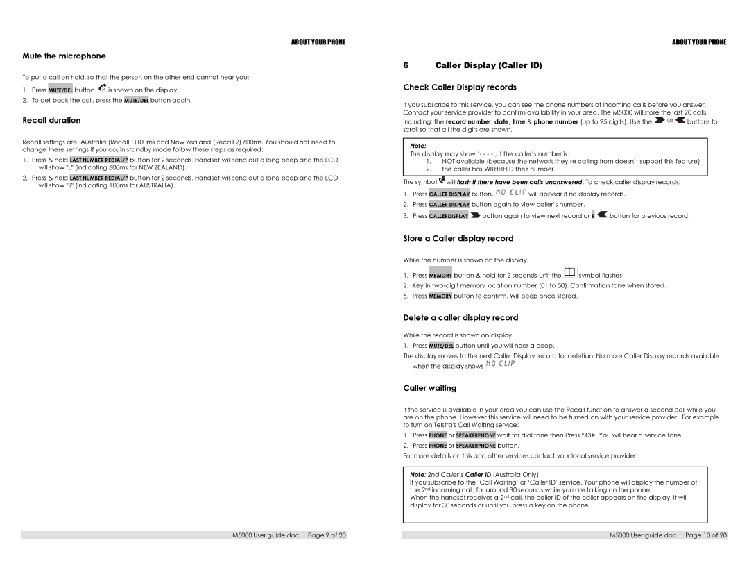 Oricom M5000 appendix Mute the microphone, Recall duration, Check Caller Display records, Store a Caller display record 