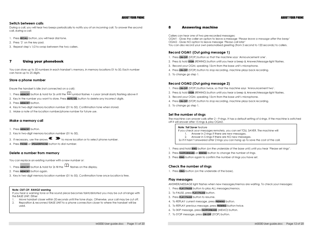 Oricom M5000 Switch between calls, Store a phone number, Make a memory call, Delete a number from memory, Play messages 