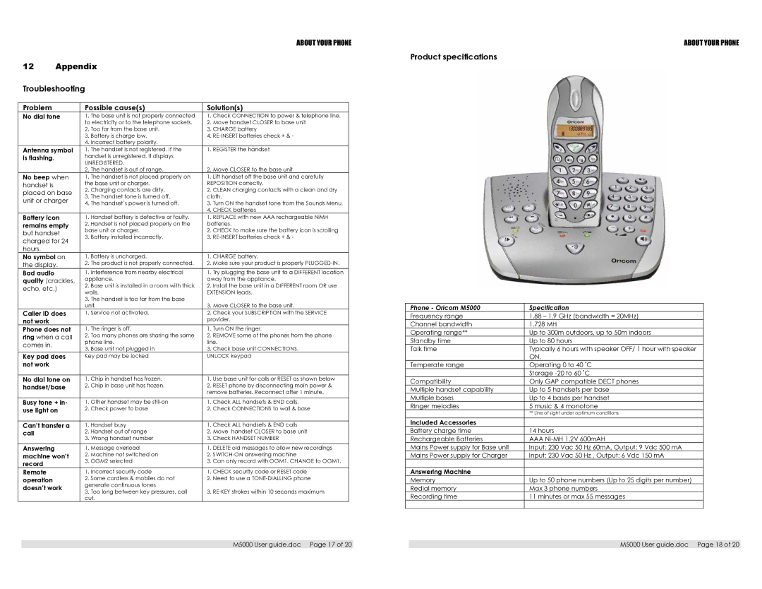 Oricom M5000 appendix Appendix, Troubleshooting, Product specifications 