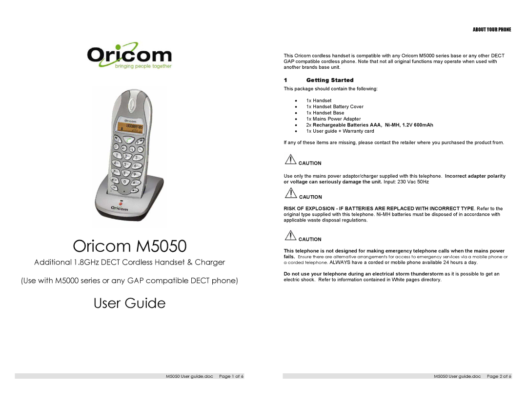 Oricom warranty Oricom M5050, Getting Started 