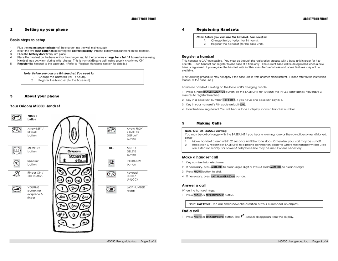 Oricom M5050 warranty Your Oricom M5000 Handset, Register a handset, Make a handset call, Answer a call, End a call 