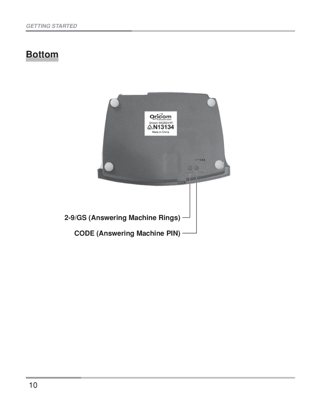 Oricom M5200 Series manual Bottom, GS Answering Machine Rings Code Answering Machine PIN 