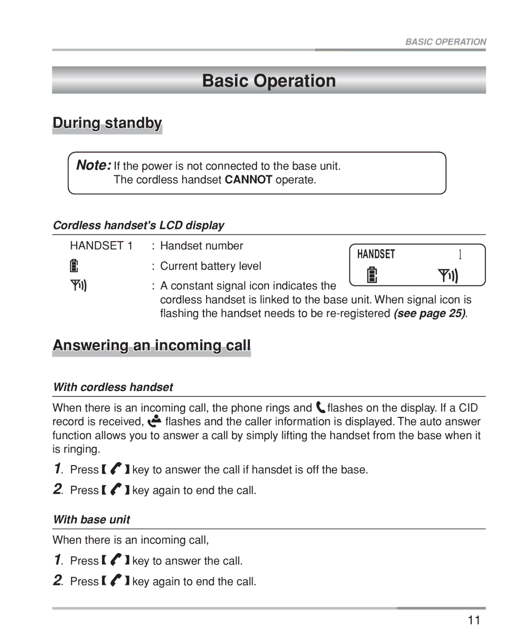 Oricom M5200 Series manual Basic Operation, During standby, Answering an incoming call 