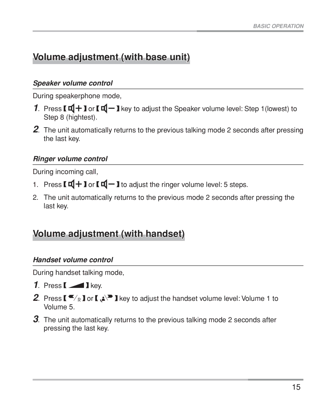 Oricom M5200 Series manual Volume adjustment with base unit, Volume adjustment with handset, Speaker volume control 