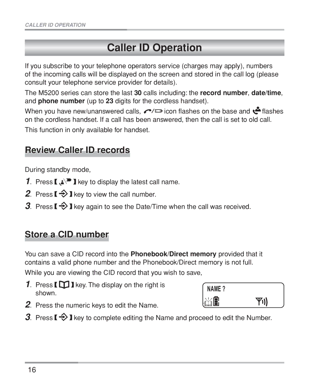 Oricom M5200 Series manual Caller ID Operation, Review Caller ID records, Store a CID number 