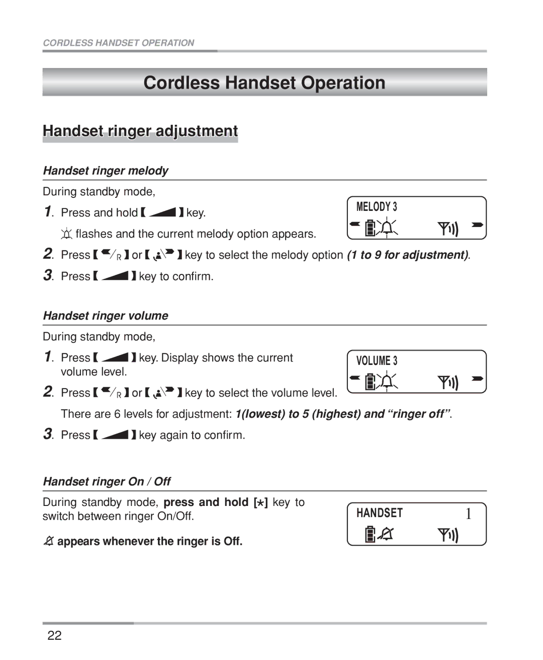 Oricom M5200 Series Cordless Handset Operation, Handset ringer adjustment, Handset ringer melody, Handset ringer volume 