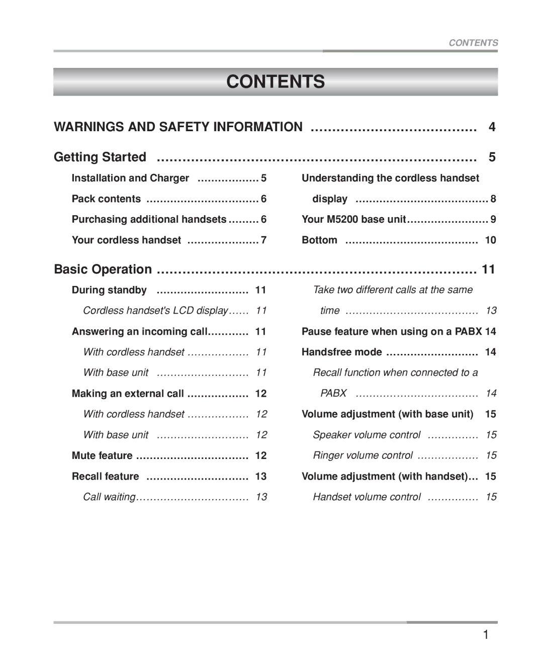 Oricom M5200 Series manual Contents 