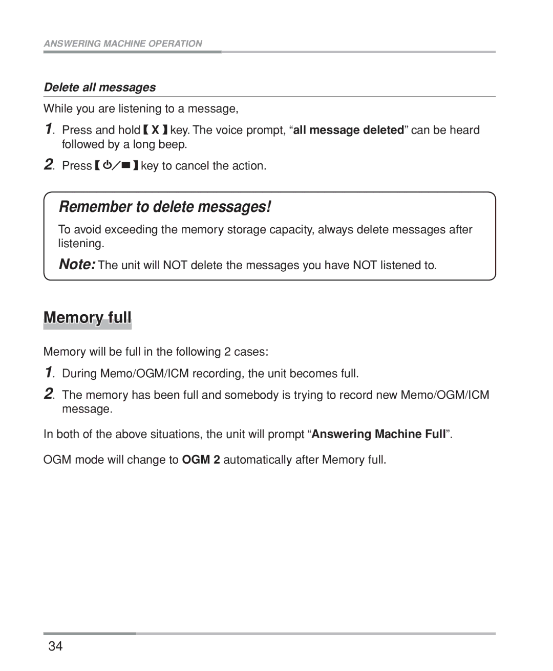 Oricom M5200 Series manual Memory full, Delete all messages 