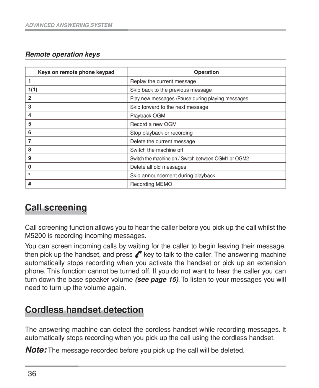 Oricom M5200 Series manual Call screening, Cordless handset detection, Remote operation keys 