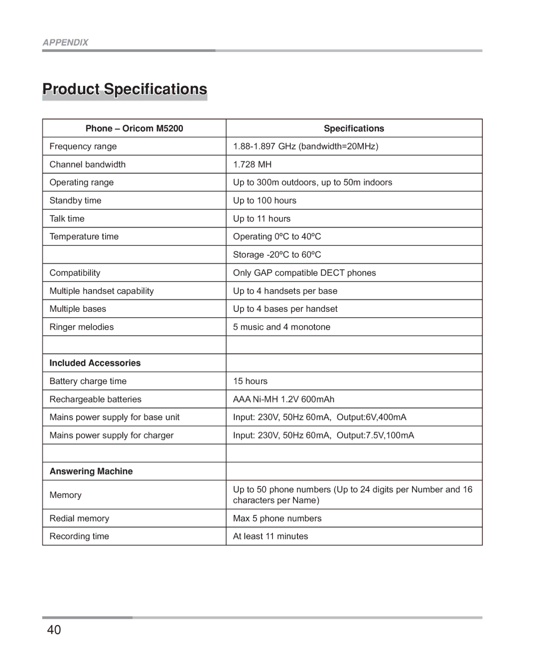 Oricom M5200 Series manual Product Speciﬁcations, Phone Oricom M5200 Speciﬁcations 