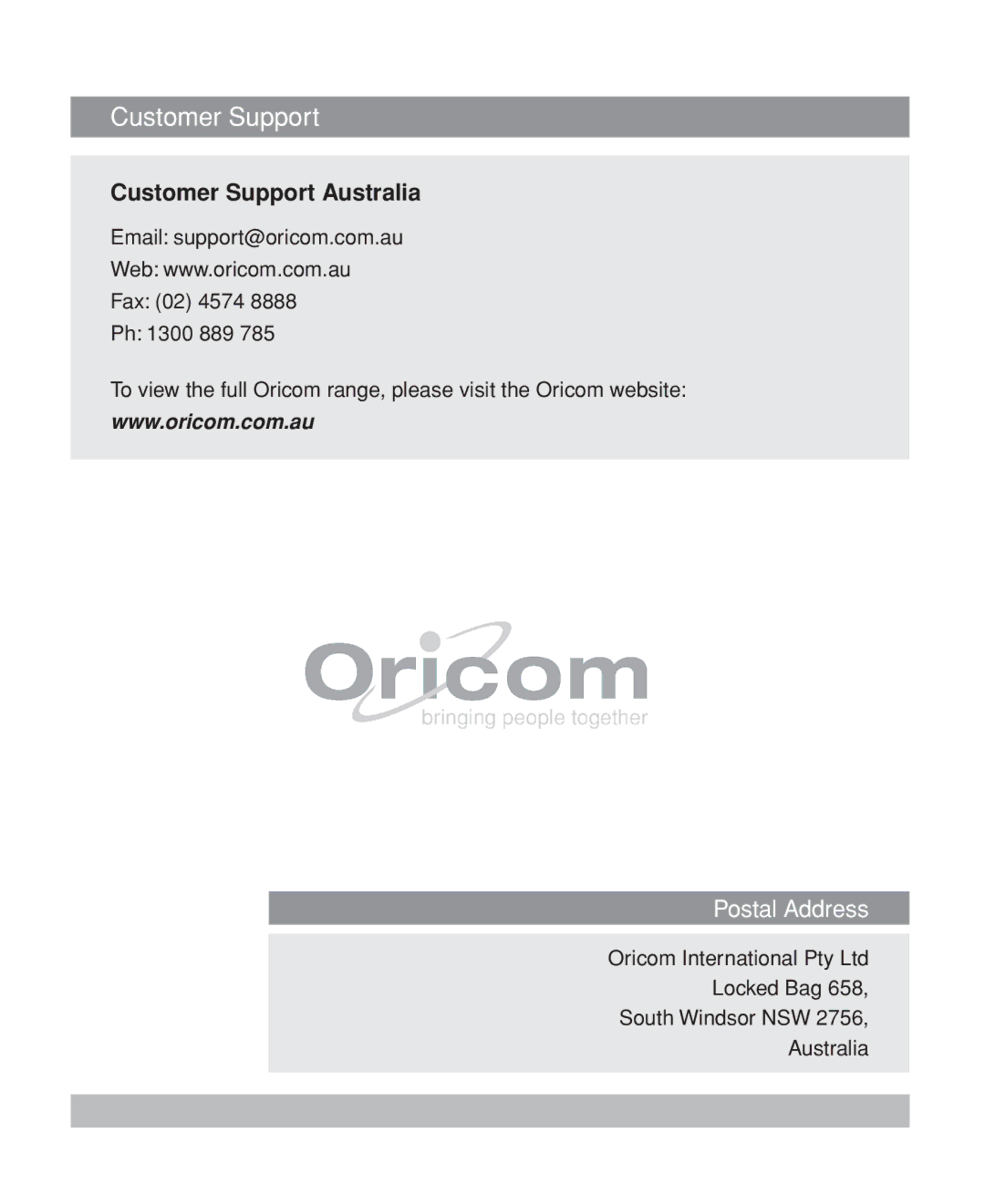 Oricom M5200 Series manual Customer Support 