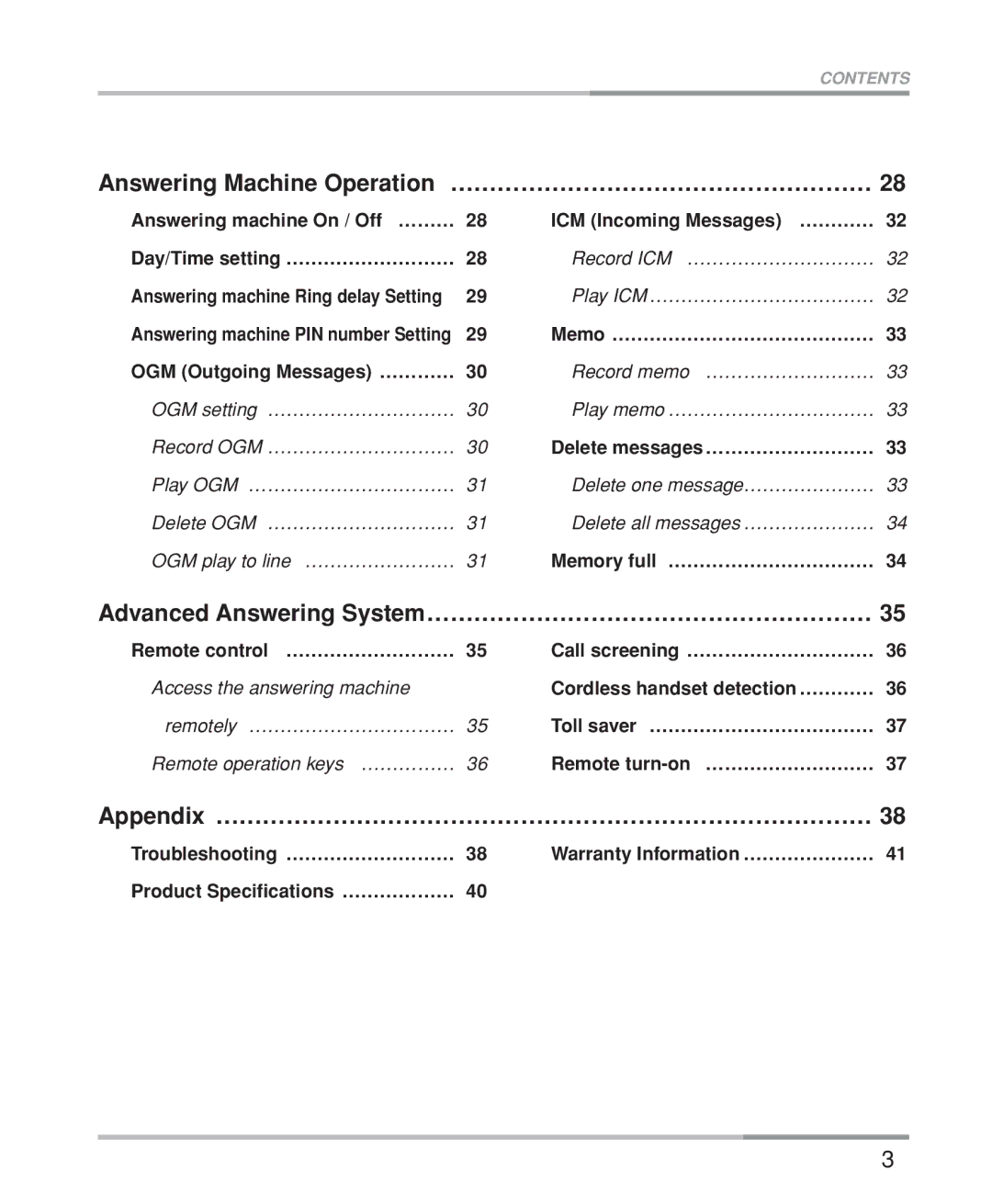 Oricom M5200 Series manual Answering Machine Operation ……………………………………………… 