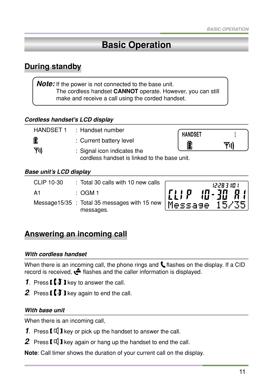 Oricom M5500 Series manual Basic Operation, During standby, Answering an incoming call 