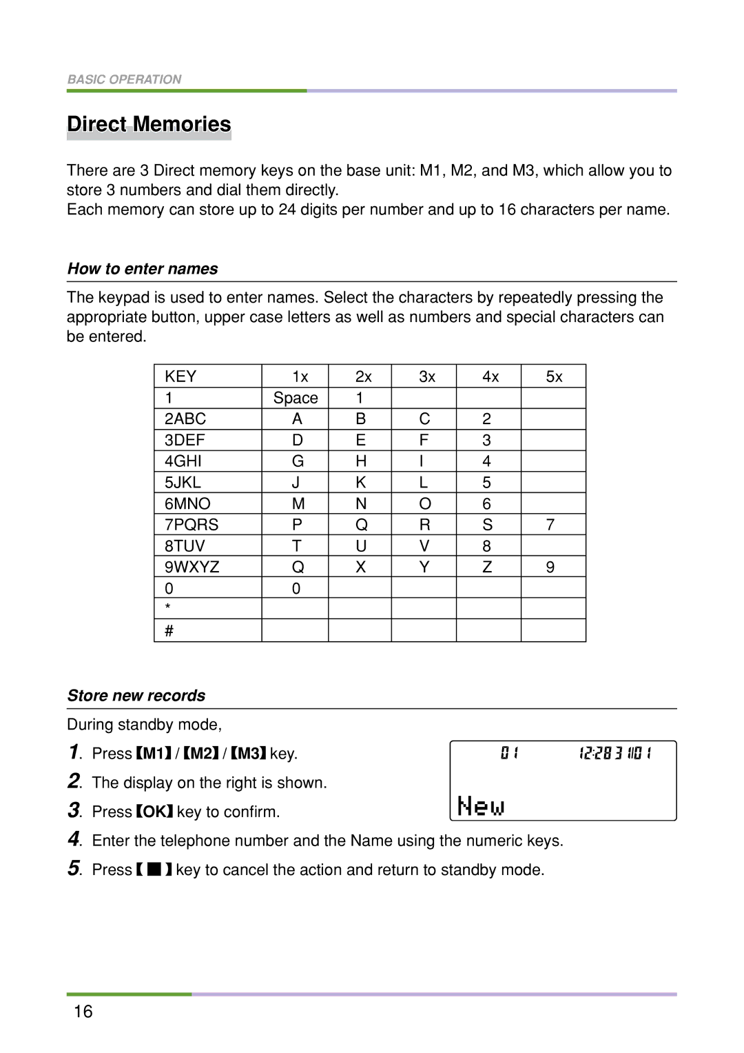 Oricom M5500 Series manual Direct Memories, How to enter names, Store new records, Press M1 / M2 