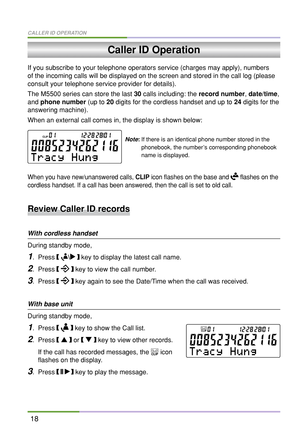 Oricom M5500 Series manual Caller ID Operation, Review Caller ID records 