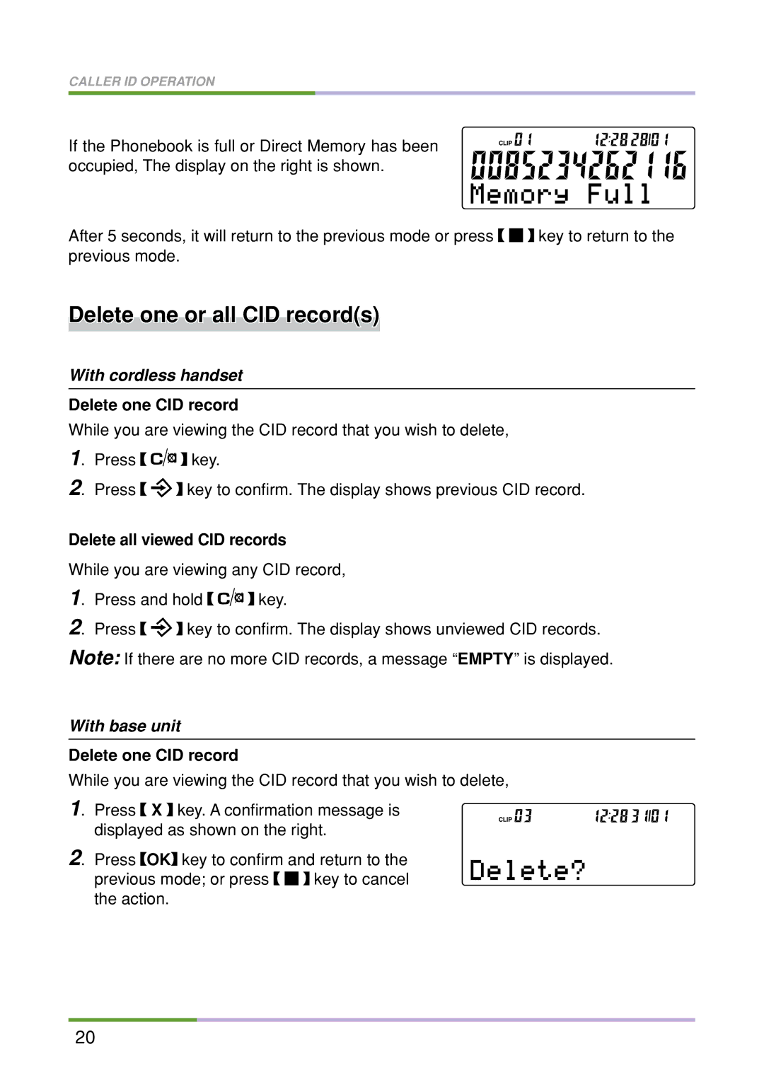 Oricom M5500 Series manual Delete one or all CID records, Delete one CID record, Delete all viewed CID records 